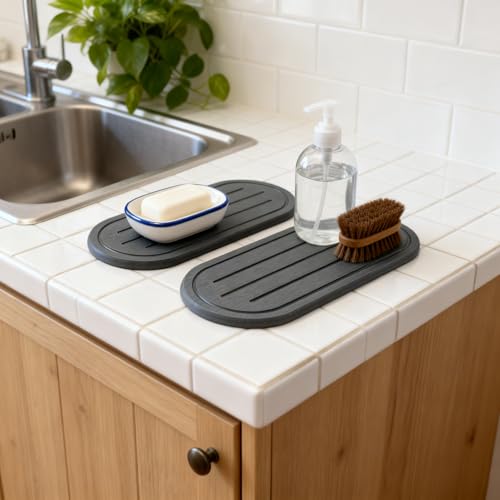 Razborci 2PCS Water Absorbing Stone Drying Tray Mat for Bathroom Sink & Kitchen Counter Faucet Organizer Decor, Quick Dry Dish Soap Dispenser Sponge Holder, Vanity Caddy Coaster,Dark Gray -10"*3.8" - Image 2