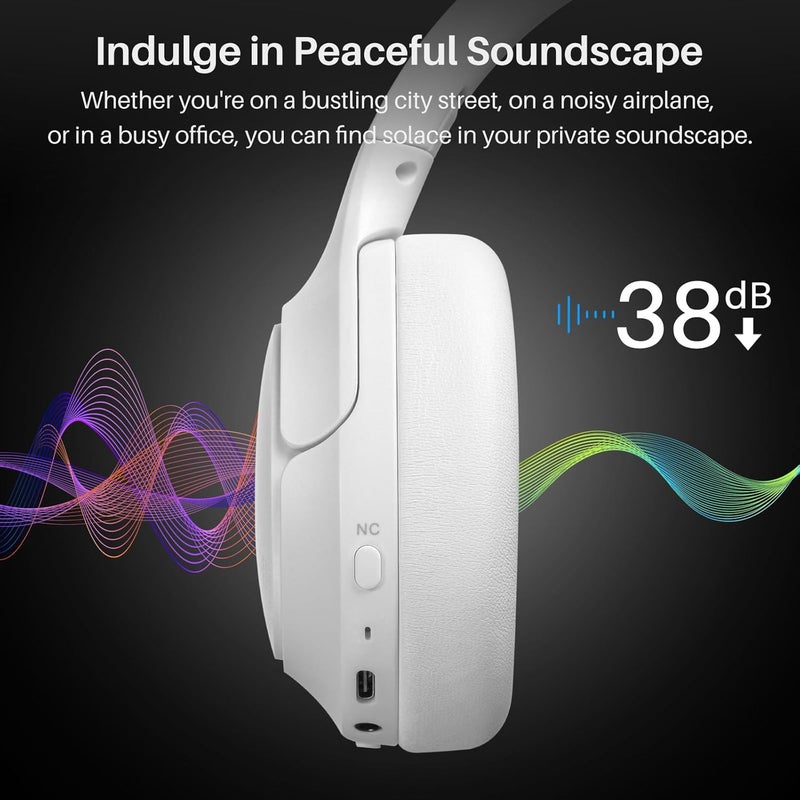 TOZO HT2 Hybrid Active Noise Cancelling Headphones, Wireless Over Ear Bluetooth Headphones, 60H Playtime, Hi-Res Audio Custom EQ via App Deep Bass Comfort Fit Ear Cups, for Home Office Travel White - Image 2