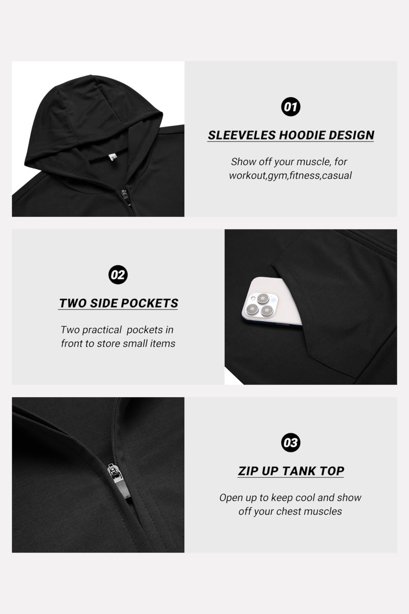 COOFANDY Workout Hooded Tank Tops Men Bodybuilding Muscle T Shirt Sleeveless Gym Hoodie Zipper Boxing Tanks Black Medium - Image 5