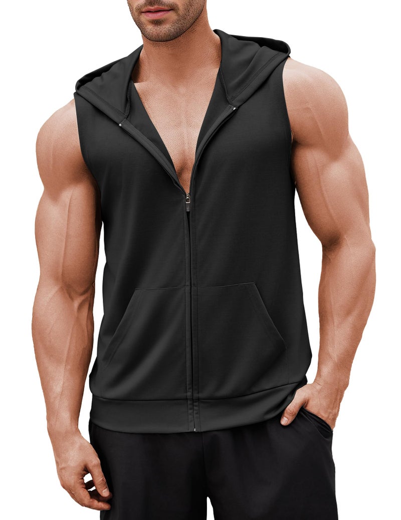 COOFANDY Workout Hooded Tank Tops Men Bodybuilding Muscle T Shirt Sleeveless Gym Hoodie Zipper Boxing Tanks Black Medium - Image 1