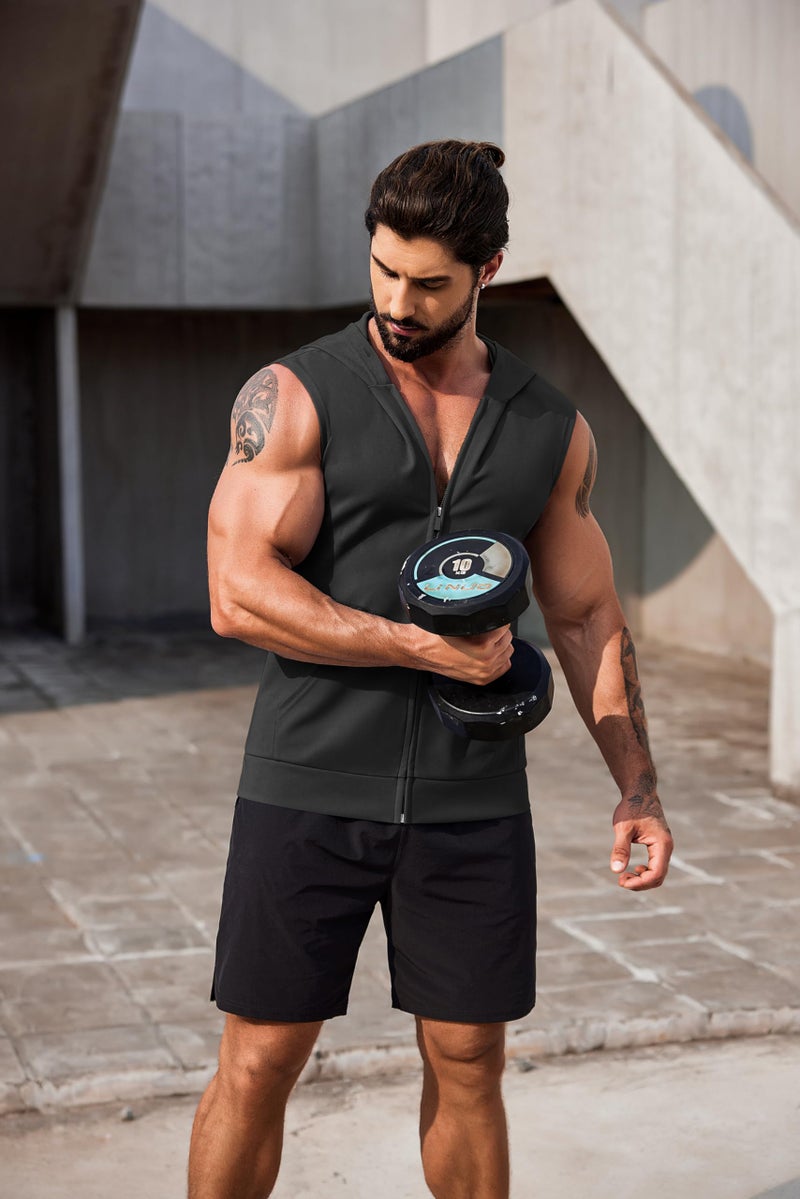 COOFANDY Workout Hooded Tank Tops Men Bodybuilding Muscle T Shirt Sleeveless Gym Hoodie Zipper Boxing Tanks Black Medium - Image 4