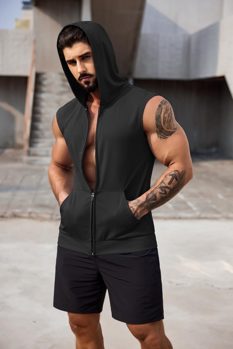COOFANDY Workout Hooded Tank Tops Men Bodybuilding Muscle T Shirt Sleeveless Gym Hoodie Zipper Boxing Tanks Black Medium - Image 2