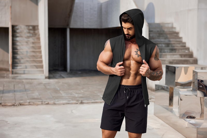 COOFANDY Workout Hooded Tank Tops Men Bodybuilding Muscle T Shirt Sleeveless Gym Hoodie Zipper Boxing Tanks Black Medium - Image 3
