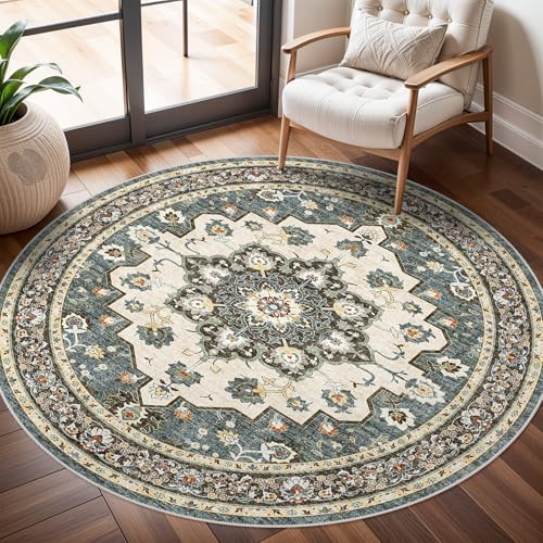 TOPRUUG Washable Oriental Area Rug 6ft Round Rugs for Living Room Soft Carpet for Bedroom Waterproof Floral Distressed Indoor Stain Resistant NonShedding Floor Carpets Blue 6ftRound - Image 1