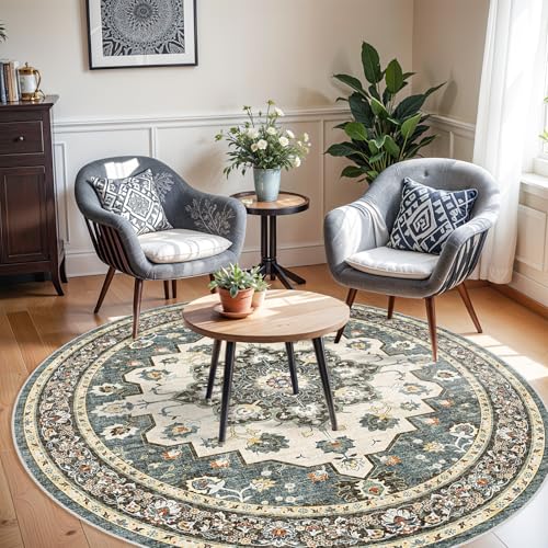 TOPRUUG Washable Oriental Area Rug 6ft Round Rugs for Living Room Soft Carpet for Bedroom Waterproof Floral Distressed Indoor Stain Resistant NonShedding Floor Carpets Blue 6ftRound - Image 3