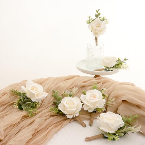 Gvhntk Ivory Rose Boutonniere for Men Wedding Set of 6 Groom Groomsmen Best Man Artificial Flowers Boutonniere for Wedding Ceremony Anniversary Prom Flowers Formal Dinner Party (6, White, Middle) - Image 3