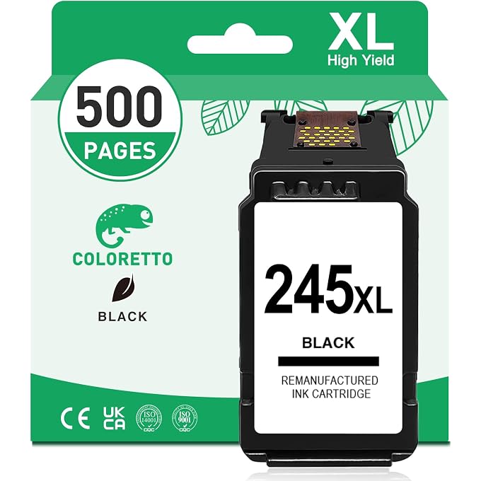 COLORETTO PG-245XL (1 Black) Remanufactured Printer Ink Cartridge Replacement for 245 XL to use with PIXMA iP2820, MG2420, MG2924, MG2920, MX492, MG3020, MG2525, TS3120, TS302, TS202, TR4520