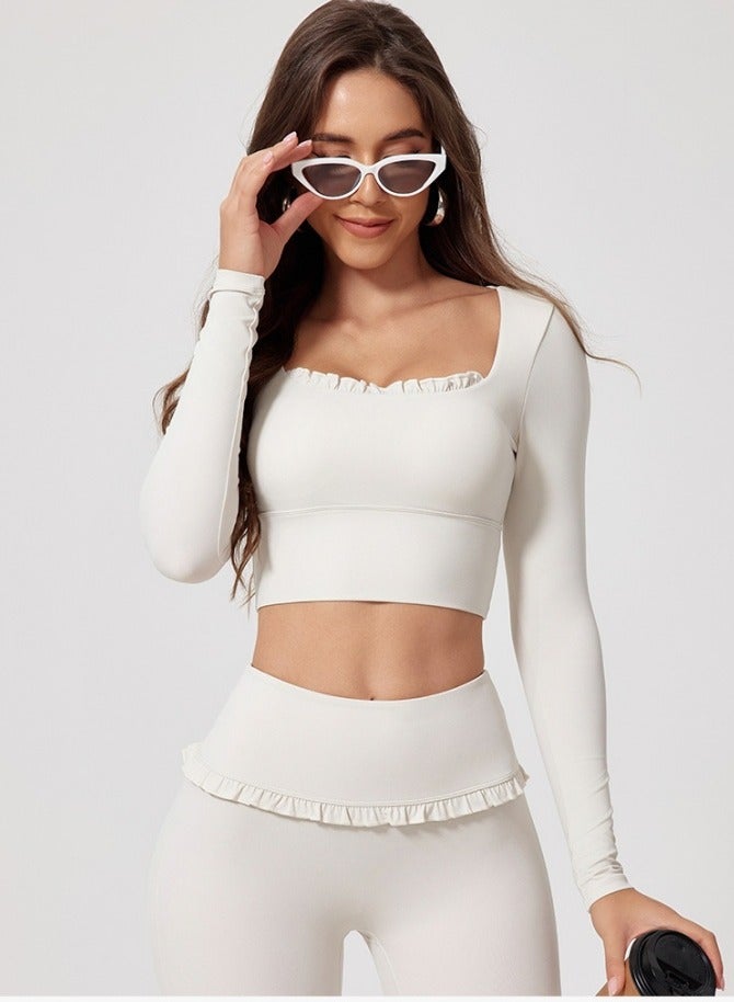 Meilun White Ruffled Square-Neck Crop Top with Built-in Bra - Image 1