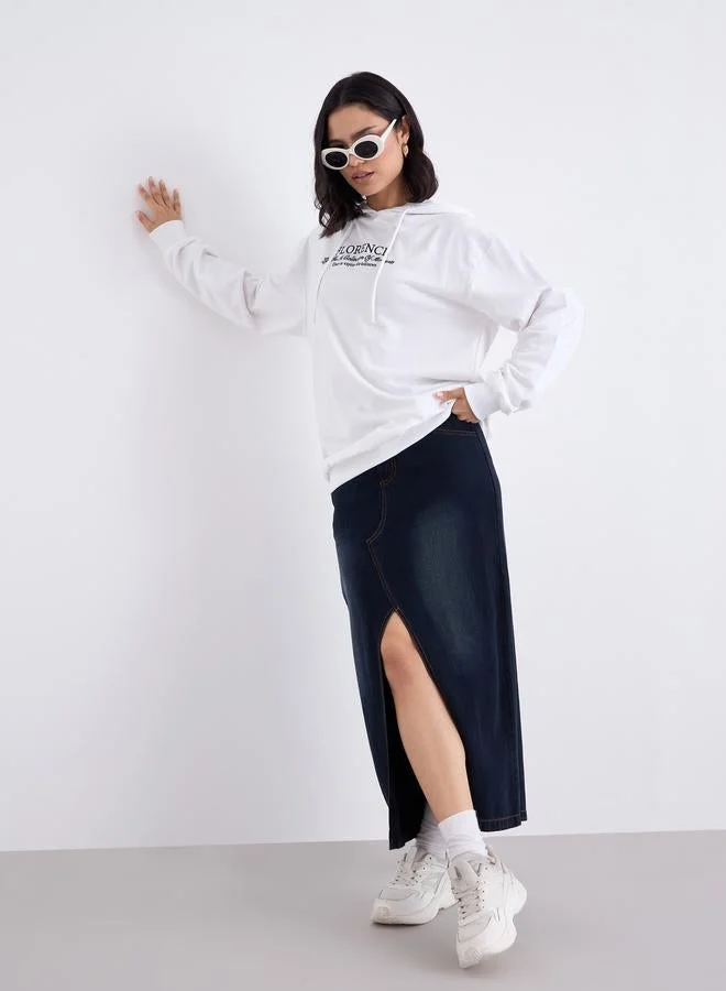 Styli Styli White Embroidered Longline Hoodie