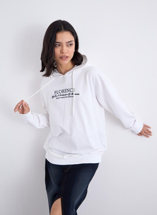 Styli White Embroidered Longline Hoodie - Image 1