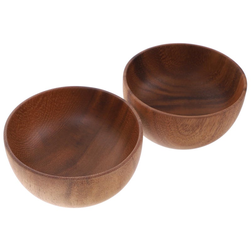 Natural Acacia Wood Rice Bowls Set Of 2 Flat Bottom Small Soup Dessert Bowls 12x6cm - Image 2