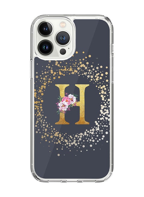 Classic Clear Case For iPhone 14 Pro Max, Hybrid Soft Case Thin Cover- Custom Monogram Initial Letter Floral Pattern Alphabet - H(Grey)