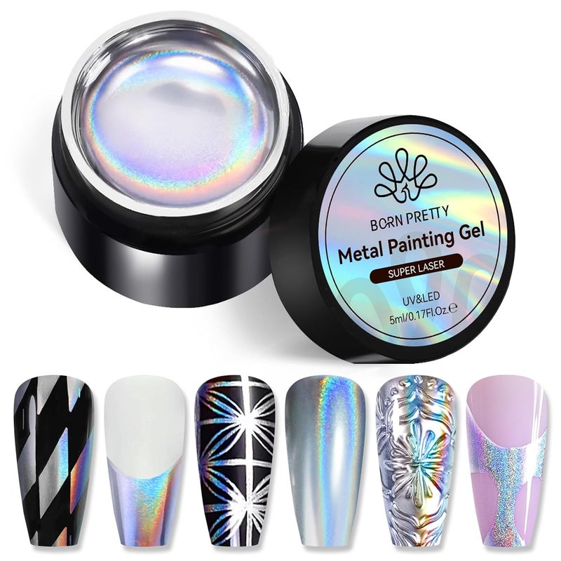 BORN PRETTY Metallic Painting Gel Polish Super Bright Mirror Silver Effect Nail Polish from BELLE GAGA Flower Drawing Glitter Soak Off U V Nail Liner Gel DIY Nail Manicure for Women Girls Super Laser Silver 5ml - Image 1