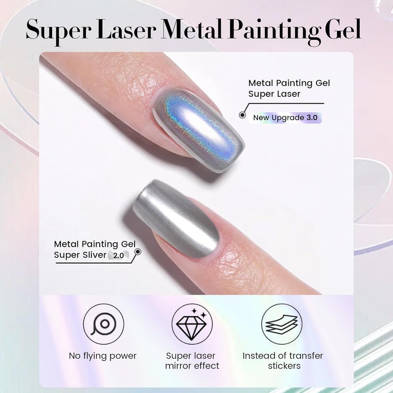 BORN PRETTY Metallic Painting Gel Polish Super Bright Mirror Silver Effect Nail Polish from BELLE GAGA Flower Drawing Glitter Soak Off U V Nail Liner Gel DIY Nail Manicure for Women Girls Super Laser Silver 5ml - Image 5