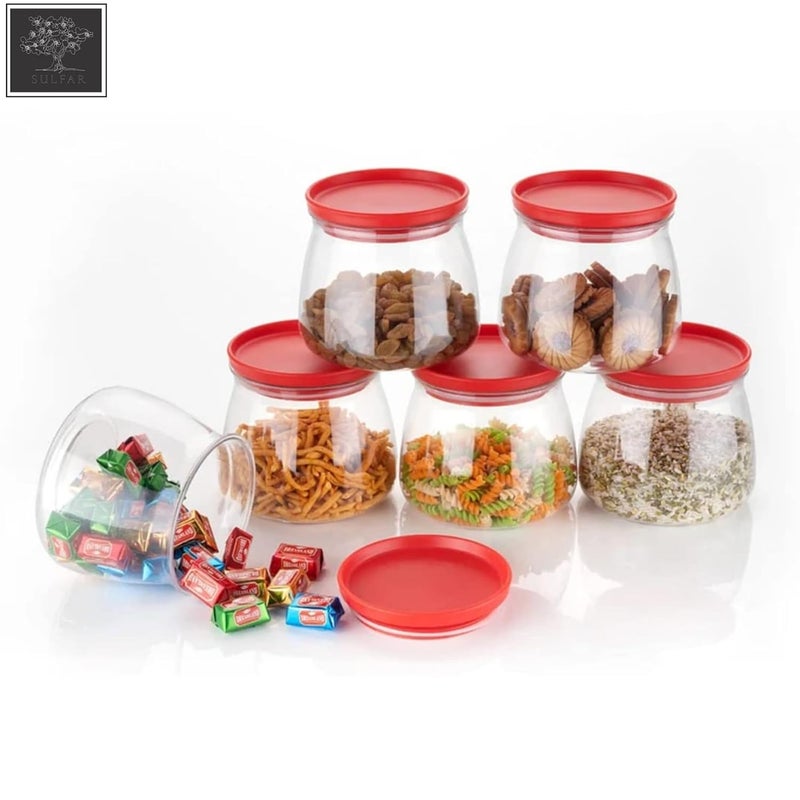 Sulfar Crystal Clear Matka Shaped Glass Jar with Air Tight and Leak Proof Red Colour Plastic lid Jar for Masala, Dry Fruit and Kitchen Canister Jar 900ml Pack of (6 pcs), Multicolor, Large (2286) - Image 3
