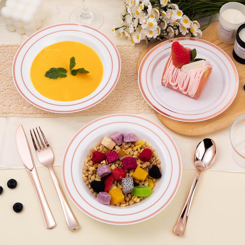 BestStar 100 Pack Disposable Soup Bowls with Rose Gold Rim  12oz Premium Heavy Duty Plastic Dinner Bowls for Party  Wedding and Holiday - Image 2