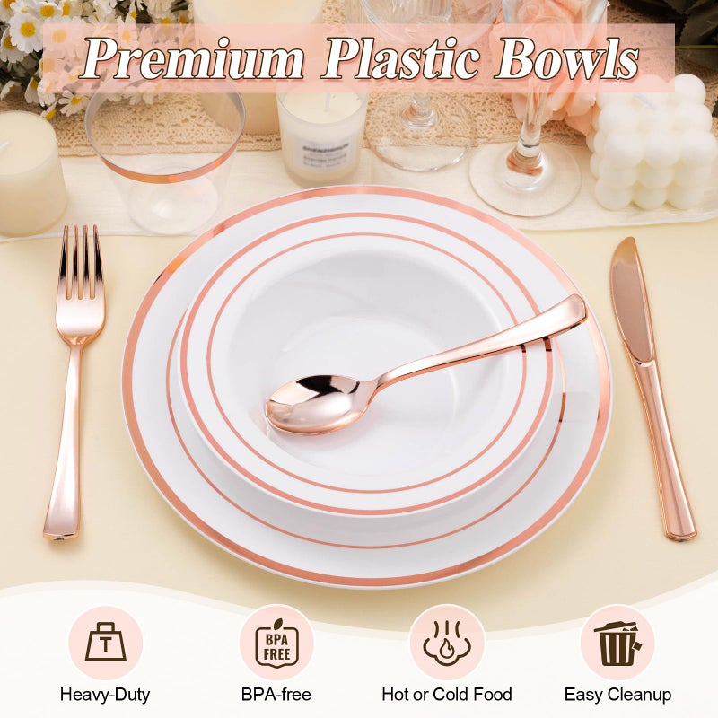 BestStar 100 Pack Disposable Soup Bowls with Rose Gold Rim  12oz Premium Heavy Duty Plastic Dinner Bowls for Party  Wedding and Holiday - Image 3
