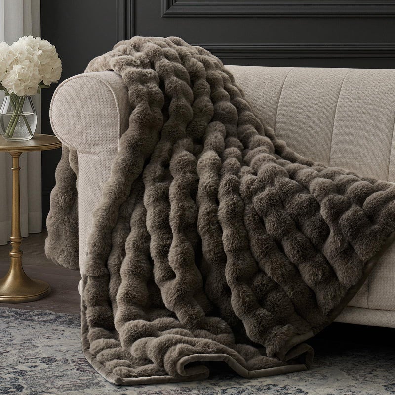 EverGrace Ultra Soft Luxury Fluffy Faux Rabbit Fur Throw Blanket, Thick Warm Bubble Throw for Bed, Cozy Plush Reversible Blankets for Couch, Chair, Sofa, Dark Taupe, 50x60 Inches - Image 1