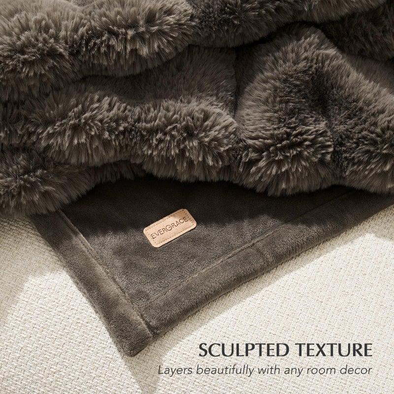 EverGrace Ultra Soft Luxury Fluffy Faux Rabbit Fur Throw Blanket, Thick Warm Bubble Throw for Bed, Cozy Plush Reversible Blankets for Couch, Chair, Sofa, Dark Taupe, 50x60 Inches - Image 5