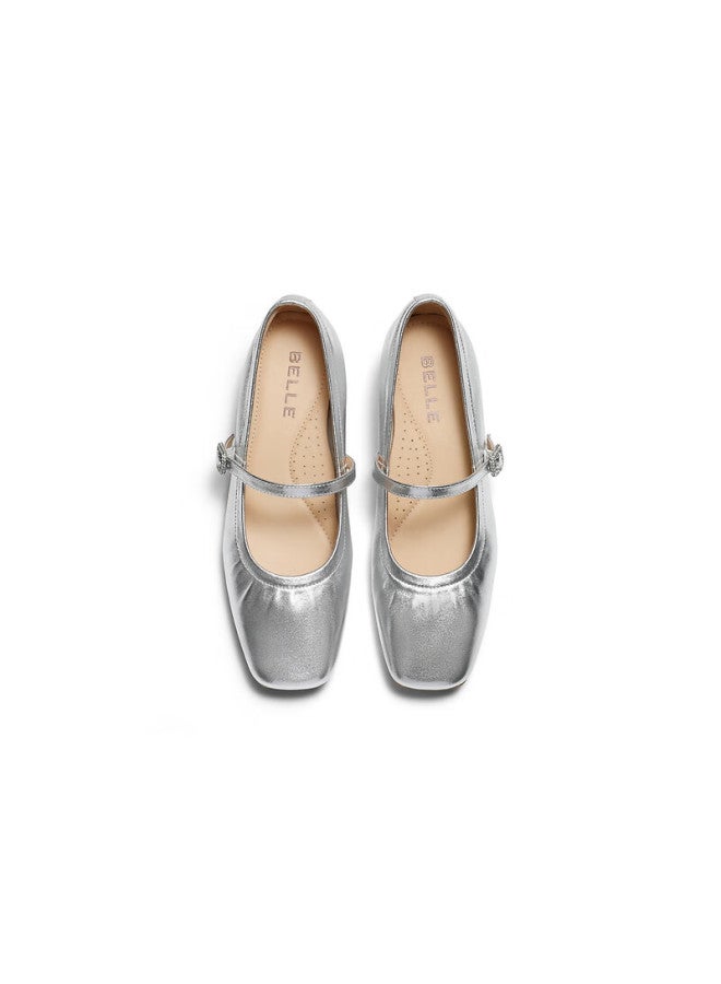 Belle Commuter Mary Jane Women's Lambskin Leather Flats B2697cq5 Silver - Rhinestone Buckle Strap Size 39 - Image 2