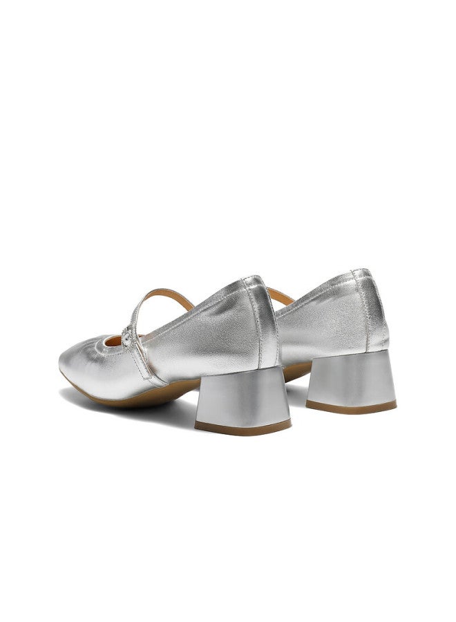 Belle Commuter Mary Jane Women's Lambskin Leather Flats B2697cq5 Silver - Rhinestone Buckle Strap Size 39 - Image 3