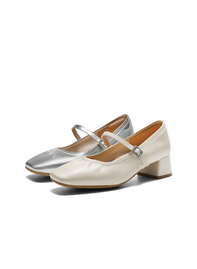 Belle Commuter Mary Jane Women's Lambskin Leather Flats B2697cq5 Silver - Rhinestone Buckle Strap Size 39 - Image 4