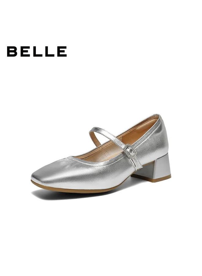 Belle Commuter Mary Jane Women's Lambskin Leather Flats B2697cq5 Silver - Rhinestone Buckle Strap Size 39 - Image 1