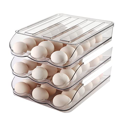 MesRosa Egg Holder for Fridge,Automatically Rolling Egg Storage Container for Refrigerator,Egg Organizer for Fridge with Lid,Clear Plastic Dispenser, Tray & Box -3 Layer - Image 1