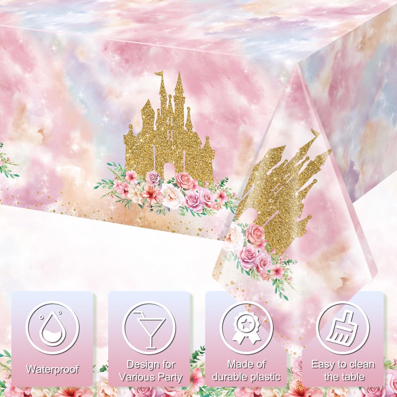 Jectivs 3 Pack Princess Tablecloths Birthday Decorations,Plastic Pink Rose Castle Table Cloth for Parties,Disposable Rectangle Floral Table Cover for Baby Shower Girls Birthday Party Supplies,54x108 Inch - Image 3