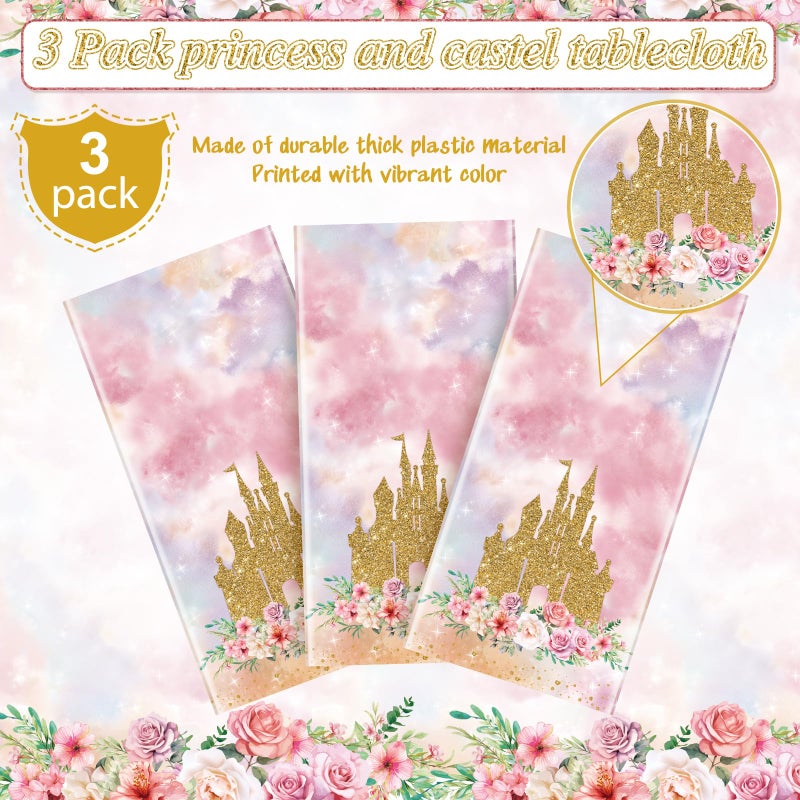 Jectivs 3 Pack Princess Tablecloths Birthday Decorations,Plastic Pink Rose Castle Table Cloth for Parties,Disposable Rectangle Floral Table Cover for Baby Shower Girls Birthday Party Supplies,54x108 Inch - Image 4