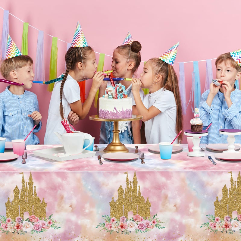 Jectivs 3 Pack Princess Tablecloths Birthday Decorations,Plastic Pink Rose Castle Table Cloth for Parties,Disposable Rectangle Floral Table Cover for Baby Shower Girls Birthday Party Supplies,54x108 Inch - Image 5
