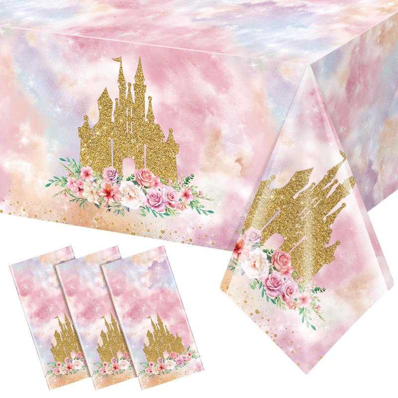 Jectivs 3 Pack Princess Tablecloths Birthday Decorations,Plastic Pink Rose Castle Table Cloth for Parties,Disposable Rectangle Floral Table Cover for Baby Shower Girls Birthday Party Supplies,54x108 Inch - Image 1