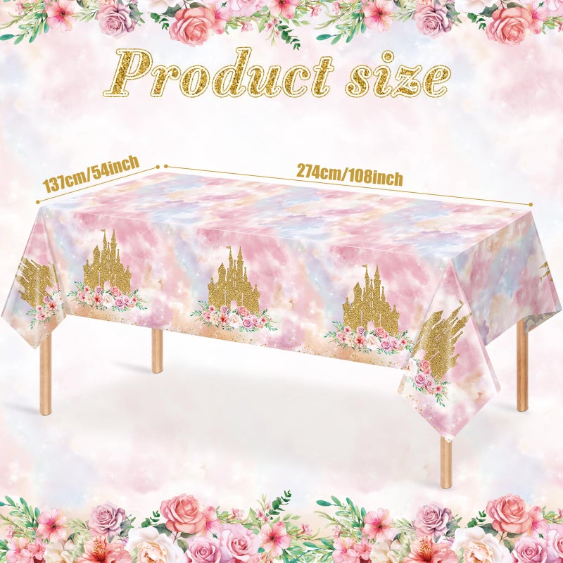 Jectivs 3 Pack Princess Tablecloths Birthday Decorations,Plastic Pink Rose Castle Table Cloth for Parties,Disposable Rectangle Floral Table Cover for Baby Shower Girls Birthday Party Supplies,54x108 Inch - Image 2