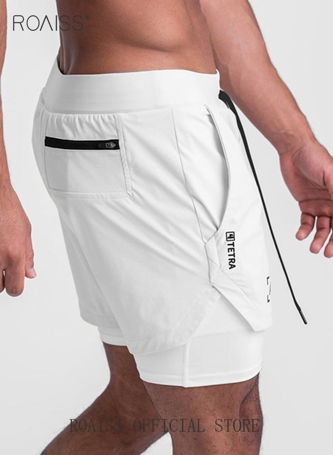 Five-Point Sports Shorts Fake Two-Piece Quick Drying Double Layer Basketball Pants Anti-Light Running Fitness Summer Multi-pocket Squat Quick-Drying Pants Casual Running Elastic Waist image 5