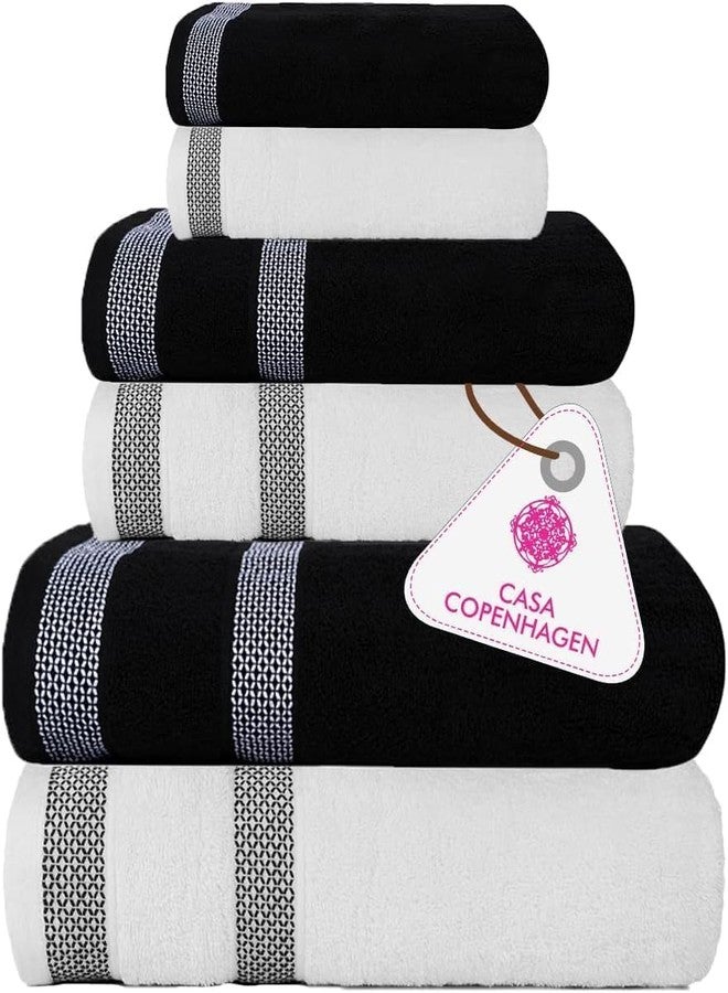 CASA COPENHAGEN Solitaire Mix 6 Pieces Towel Set- White + Jet Black, 600 GSM 2Bath Towel 2Hand Towel 2Washcloth, Designed in Denmark Made of Soft Egyptian Cotton for Bathroom, Kitchen & Shower - Image 1