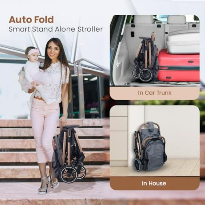 عربة أطفال أنيقة قابلة للطي من Street Smart لحديثي الولادة لمدة 0-3 سنوات بإطار من الألومنيوم باللون الرمادي الرمادي بنقرة واحدة قابلة للطي عربة كابينة مناسبة للسفر - Image 2