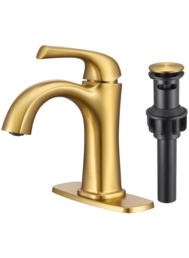 Hanallx Bathroom Faucet 1 Hole, Sink Faucet for Sink Brushed Gold Bathroom Faucets for Bathroom Vanity One Hole, with Pop Up Drain & Deckplate Farmhouse - Image 1