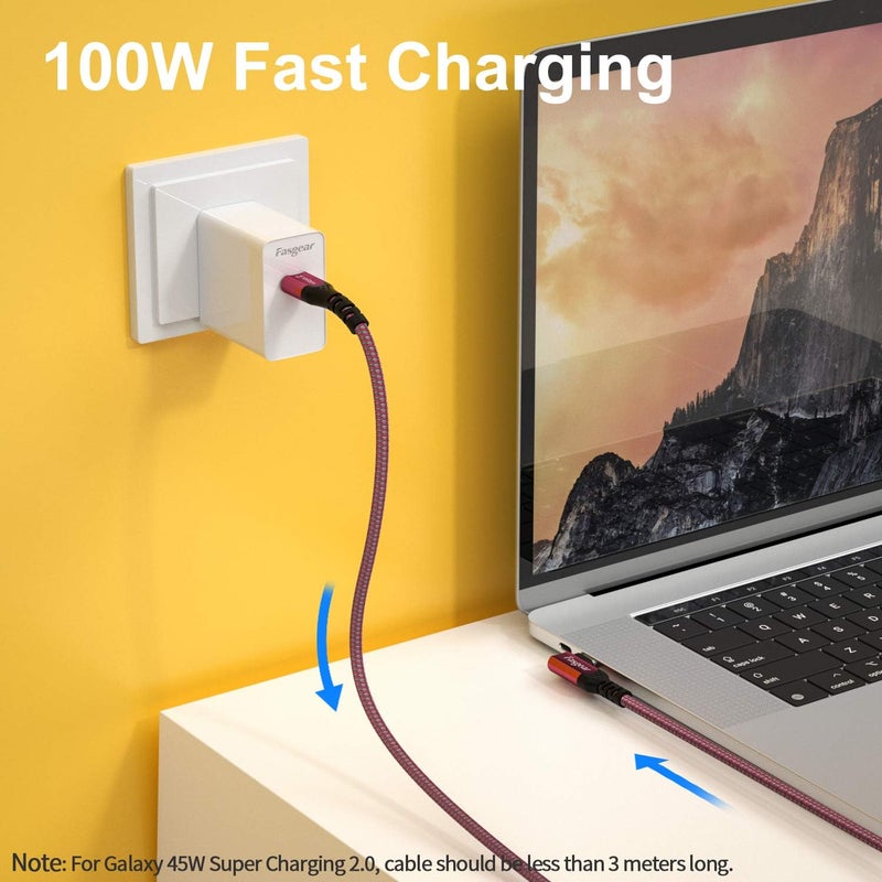فاسجير كابل USB C إلى USB C، شحن بقدرة 100W بزاوية 90 درجة من النوع C 3.1 Gen 2 سريع الشحن مع شريحة E-Marker متوافق مع Macbook، Pixelbook، Galaxy S20، SSD (3 أقدام (1 متر)، أحمر) - Image 3