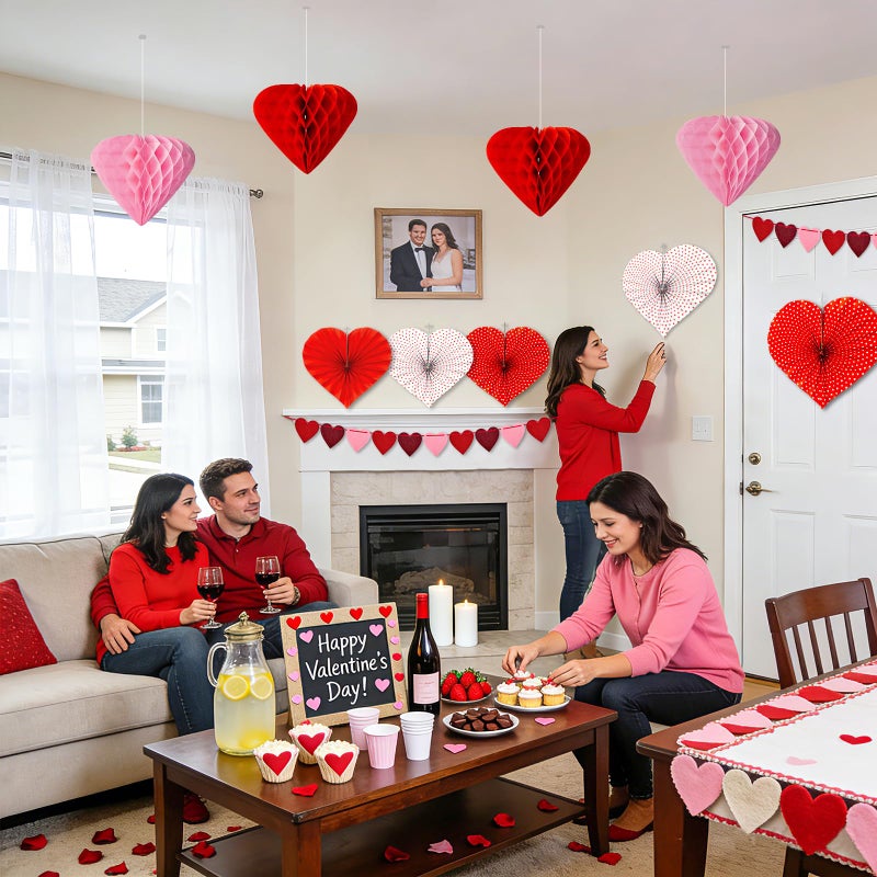 KaTiSeMo Valentines Day Hanging Decorations - 12Pcs Hanging Hearts for Ceiling, Red & Pink Heart Paper Fans, 3D Honeycomb Hearts & Felt Heart Garlands - Valentines Hanging Decor for Home, Office, Party - Image 5