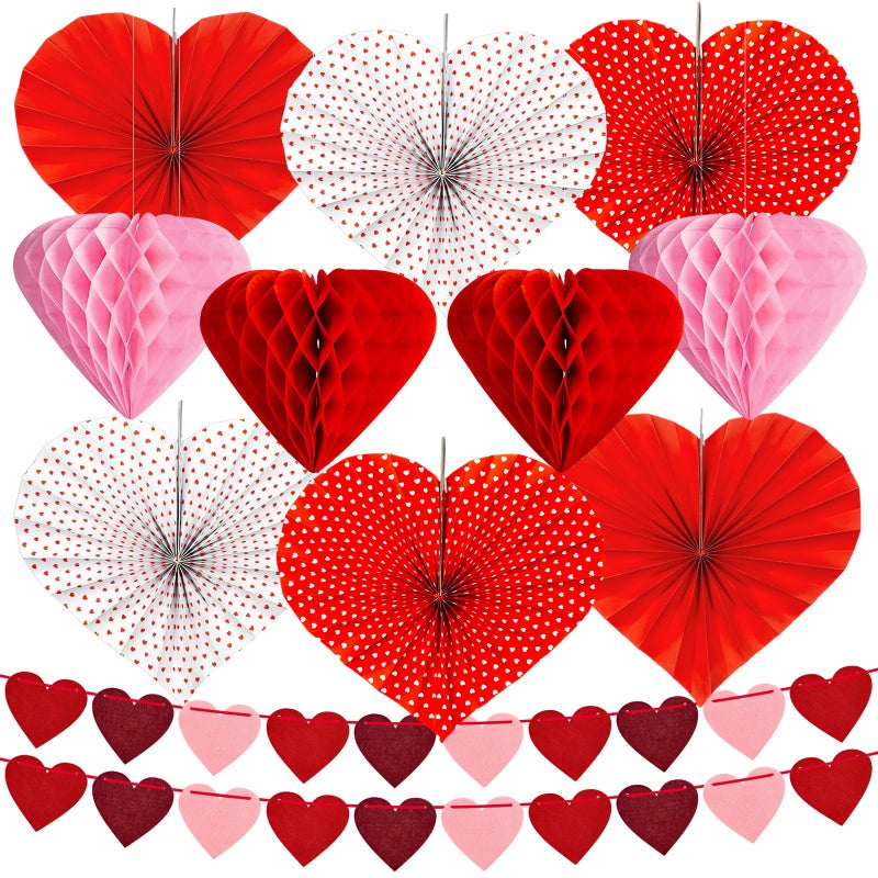 KaTiSeMo Valentines Day Hanging Decorations - 12Pcs Hanging Hearts for Ceiling, Red & Pink Heart Paper Fans, 3D Honeycomb Hearts & Felt Heart Garlands - Valentines Hanging Decor for Home, Office, Party - Image 1