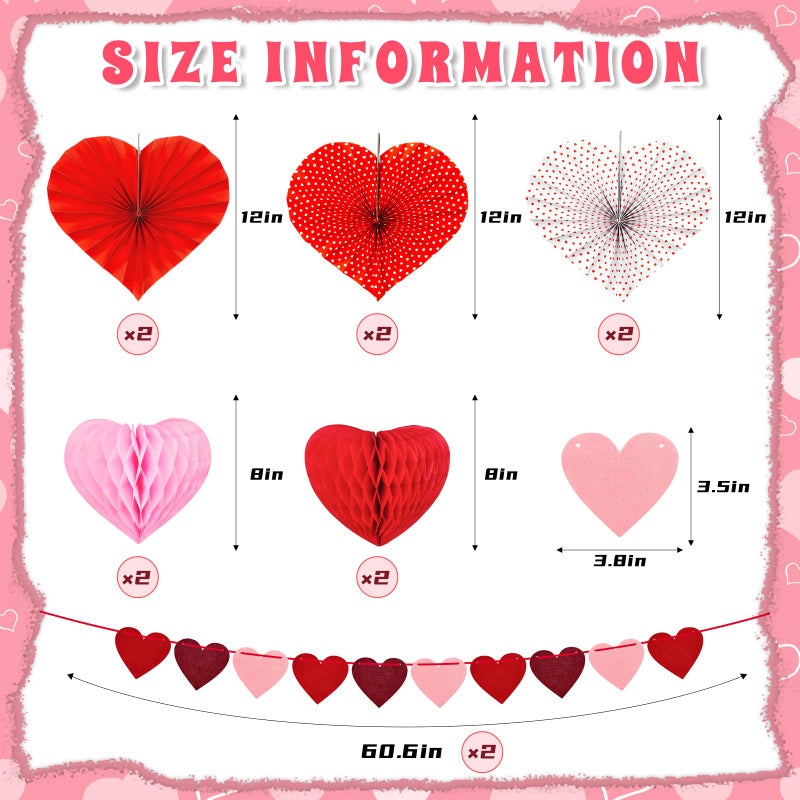 KaTiSeMo Valentines Day Hanging Decorations - 12Pcs Hanging Hearts for Ceiling, Red & Pink Heart Paper Fans, 3D Honeycomb Hearts & Felt Heart Garlands - Valentines Hanging Decor for Home, Office, Party - Image 2