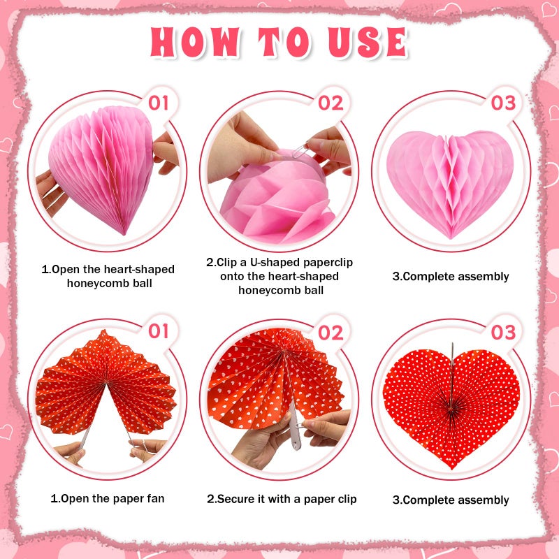 KaTiSeMo Valentines Day Hanging Decorations - 12Pcs Hanging Hearts for Ceiling, Red & Pink Heart Paper Fans, 3D Honeycomb Hearts & Felt Heart Garlands - Valentines Hanging Decor for Home, Office, Party - Image 3