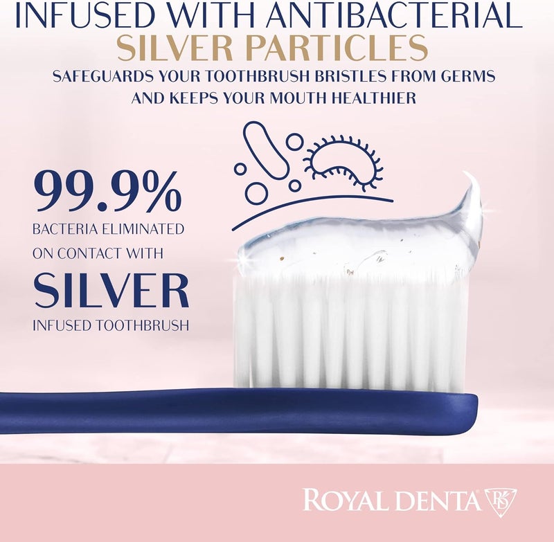 Royal Denta فرشاة أسنان ناعمة جدًا للبالغين، بشعيرات ناعمة للغاية، فرشاة يدوية مزودة بشعيرات ذات طول مزدوج مدمجة بجزيئات الفضة للأسنان واللثة الحساسة، تزيل البلاك بلطف، مصنوعة في كوريا (لون أزرق) - Image 3