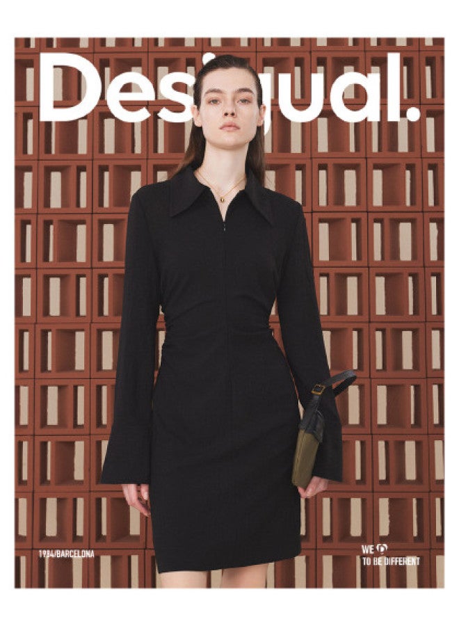 DESIGUAL slim-fit Black Long Sleeve Dress With Side Waist Pleats, Zip Front And Lapel Collar - Image 1