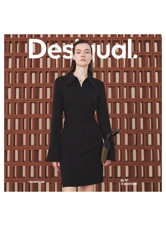 DESIGUAL slim-fit Black Long Sleeve Dress With Side Waist Pleats, Zip Front And Lapel Collar - Image 2