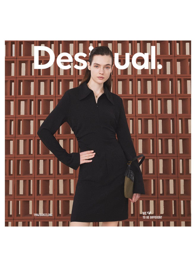 DESIGUAL slim-fit Black Long Sleeve Dress With Side Waist Pleats, Zip Front And Lapel Collar - Image 3
