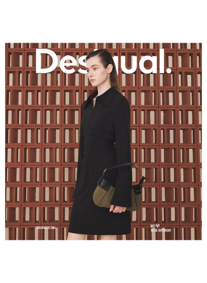 DESIGUAL slim-fit Black Long Sleeve Dress With Side Waist Pleats, Zip Front And Lapel Collar - Image 4