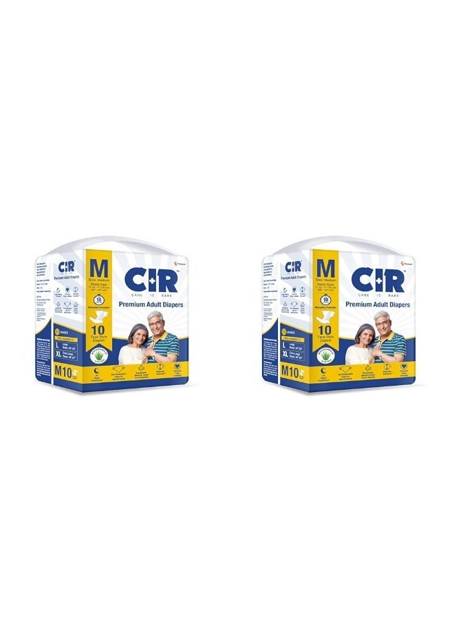 CIR Premium Adult Tape Diapers- All Night Protection with Aloe Vera, Medium - 10 Units x Pack of 2, unisex