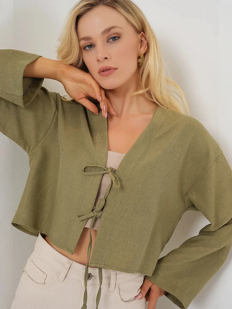 BIG DART BDART Viscose Blend V-Neck Long Sleeve Kimono with Binding Detail