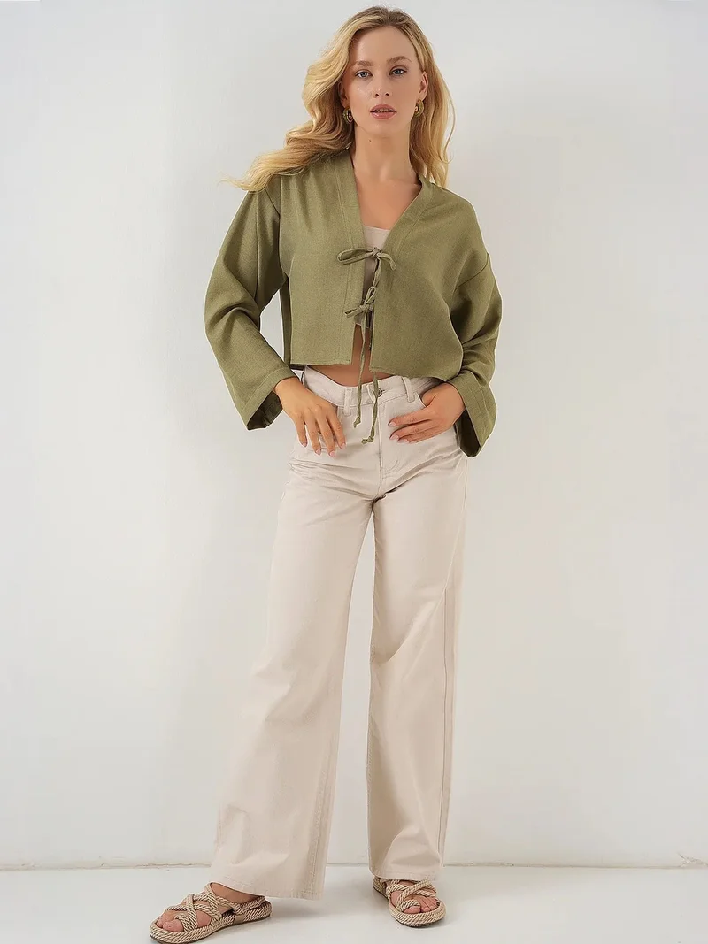 BIG DART BDART Viscose Blend V-Neck Long Sleeve Kimono with Binding Detail